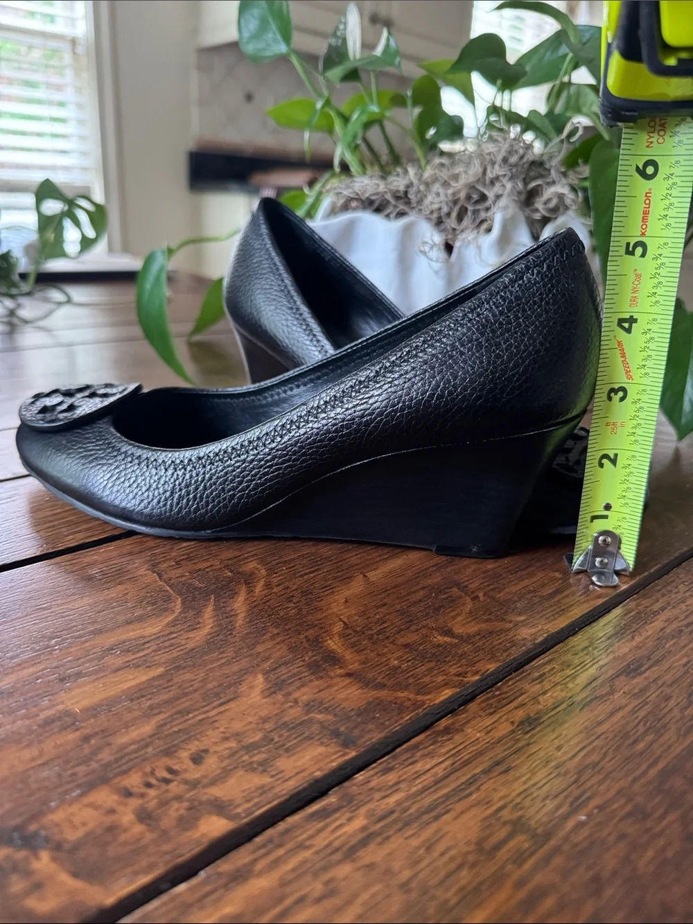 Tory Burch Black Leather Logo Wedge Pumps